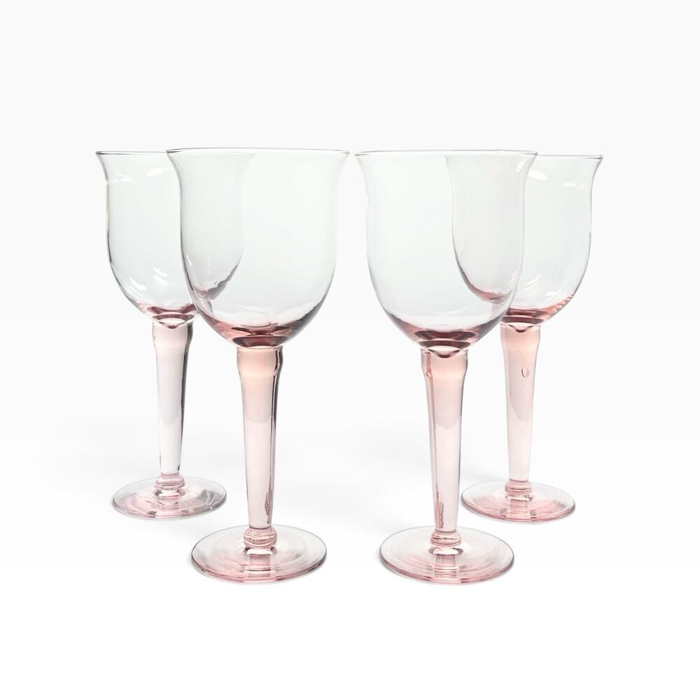 1980s Vintage Set of 4 Blush Pink Blown Large Wine or Water Glasses 9 1/2” 22oz